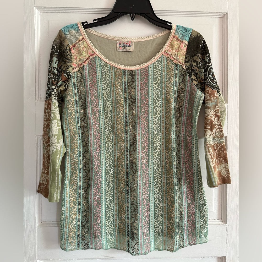Edista Embroidered Lace Knit Top 3/4 sleeves M